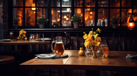 Vintage interior of a cafe with a cup of tea and flowersの素材