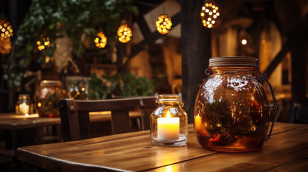 Candle in a glass jar on a wooden table in a restaurantの素材