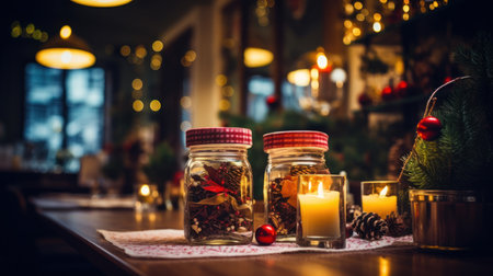 Christmas decoration with candles in glass jars on wooden table in living roomの素材