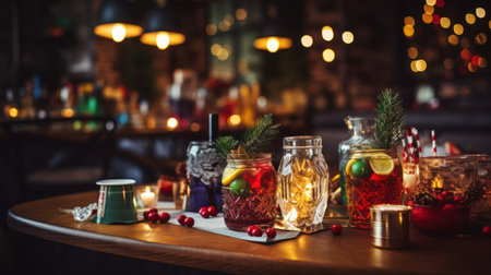 Christmas and New Year background. Christmas decorations on wooden table in restaurantの素材