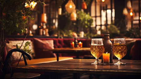 Two glasses of beer on a wooden table in a pub or restaurantの素材