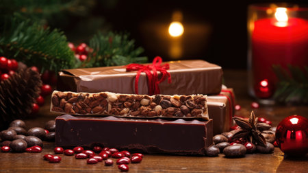 Chocolate bar with nuts and spices on wooden table with christmas decorationの素材