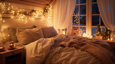 Comfortable bed with candles and lights in cozy room at Christmas eveの素材