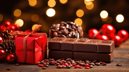 Chocolates and coffee beans on wooden table. Christmas background.の素材