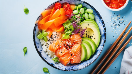 Hawaiian salmon poke bowl with rice, avocado, cucumber, tomatoes and sesame seeds on blue backgroundの素材