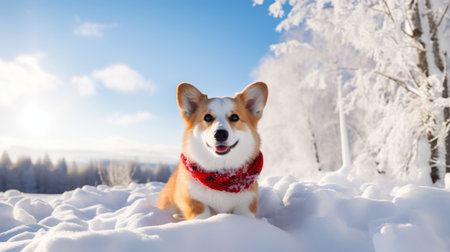 Welsh corgi dog in red scarf sitting on snow in winter forestの素材