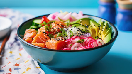 Salmon poke bowl with avocado, cucumber, radish and sesame seeds on blue backgroundの素材