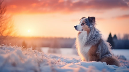 Australian shepherd dog sitting on the snow at sunset. Beautiful winter landscape.の素材