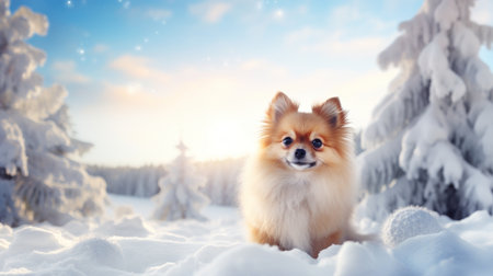 Cute Pomeranian dog sitting on the snow in winter forestの素材