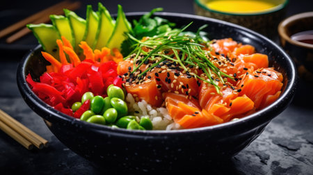 Salmon poke bowl with seaweed, avocado, sesame seeds and soy sauce on black backgroundの素材