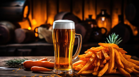 Glass of beer with chips and carrots on wooden table in rustic styleの素材