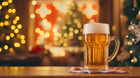 Mug of beer on wooden table in front of christmas treeの素材