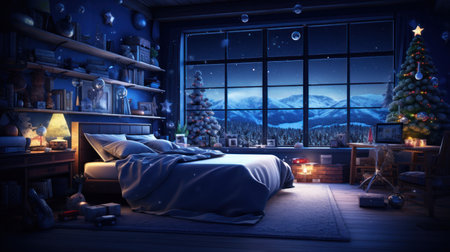3d rendering of a bedroom with christmas tree in the backgroundの素材