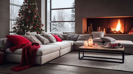 Christmas living room interior with fireplace, sofa and christmas tree.の素材