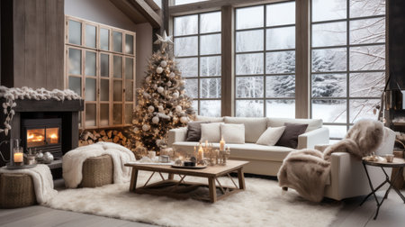 Cozy living room with Christmas tree and fireplace. 3d renderingの素材