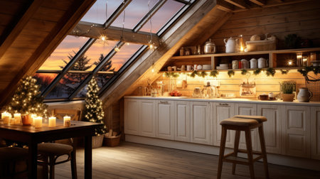 Interior of a rustic wooden house with Christmas tree and fireplaceの素材