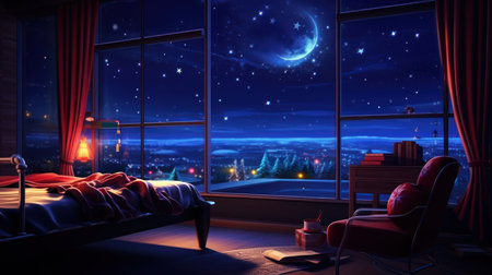 Interior of a bedroom at night with a view of the cityの素材