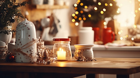 Burning candle in glass jar on table in kitchen decorated for Christmasの素材