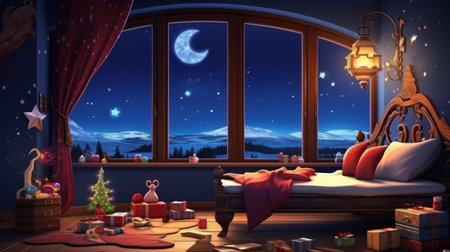 Illustration of a Christmas room with a view of the night landscapeの素材