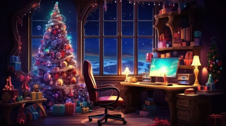 Christmas tree in the interior of the house. 3D illustrations.の素材