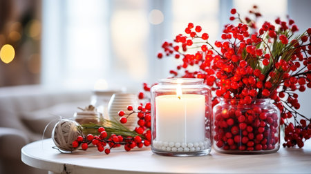 Burning candle in glass vase with red berries on table in living roomの素材