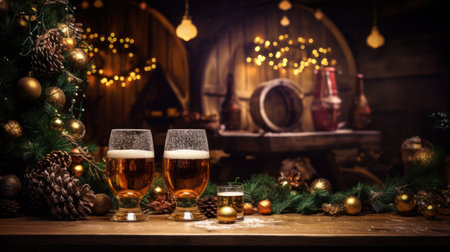 Two glasses of beer on a wooden table with Christmas decorations in the background.の素材