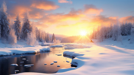 Frozen river in the winter forest at sunset. Panorama.の素材
