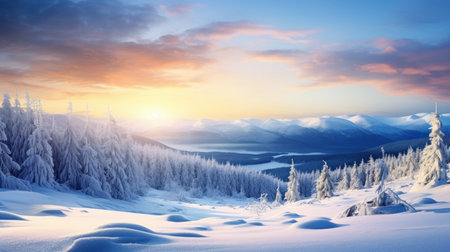 Beautiful winter landscape. Sunrise in the mountains. 3d renderingの素材