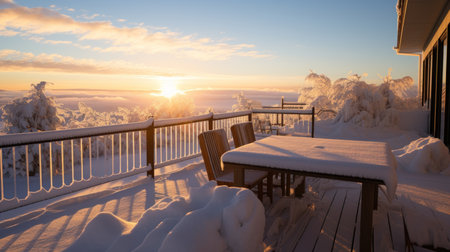 Sunrise on a terrace with snow covered deck chairs and tableの素材