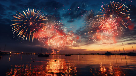 Colorful fireworks of various colors over the sea and cityscape backgroundの素材