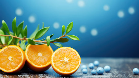 Fresh orange and blueberries on a wooden table with copyspaceの素材