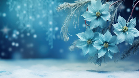 Blue christmas background with snowflakes and blue poinsettiaの素材