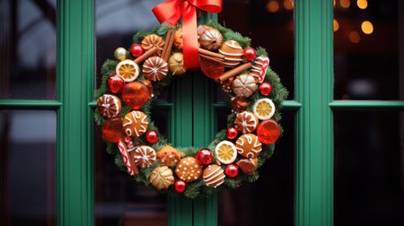 Christmas wreath on a door of a cafe in Vienna, Austriaの素材