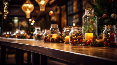 Christmas and New Year decorations in glass jars on a wooden table.の素材