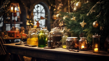 Vintage interior of an old house with christmas decorations and giftsの素材