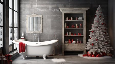 Bathroom interior with christmas tree. 3D Renderingの素材