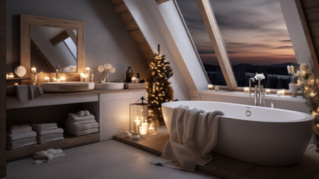 3d render of a modern bathroom with bathtub and christmas treeの素材