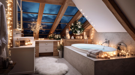 Interior of a modern bathroom with a large bathtub. 3d renderingの素材