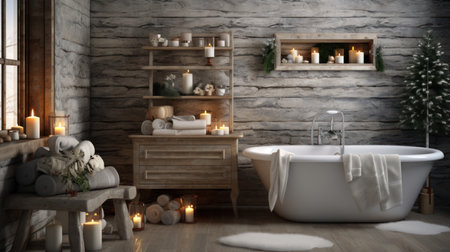 Bathroom interior 3d render with bathtub, christmas tree and candlesの素材