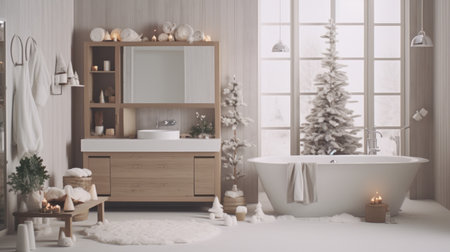 Interior of modern bathroom with white bathtub, panoramic window and Christmas tree. 3d renderingの素材