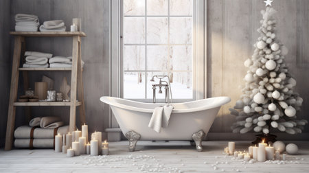 Christmas interior with white bathtub and Christmas tree. 3d renderの素材