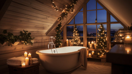 Beautiful wooden house with a bathtub in the foreground and a Christmas tree in the backgroundの素材