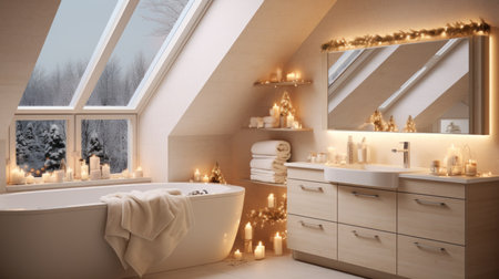 3d render of modern bathroom with bathtub and christmas decorationの素材