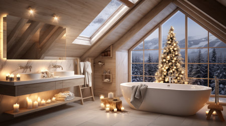3D rendering of a modern bathroom in the attic with a Christmas treeの素材
