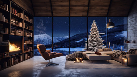 3D rendering of a cozy living room with a large window overlooking the mountains.の素材