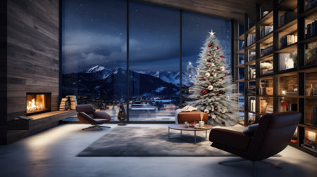 3d render of modern living room with Christmas tree and fireplace.の素材