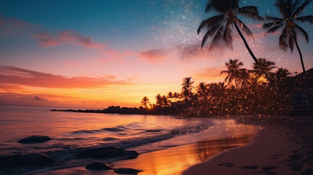 Beautiful colorful fireworks on the beach at Seychelles.の素材