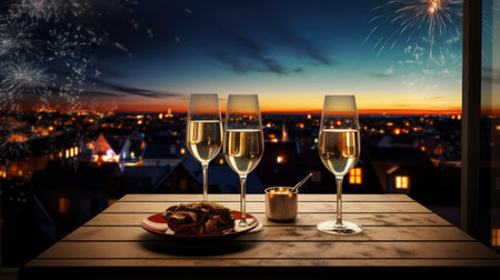 Two glasses of champagne and a plate of cookies on a window sill with a view of the cityの素材
