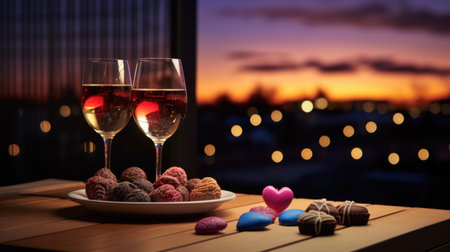 Two glasses of wine and heart-shaped candies on a table in front of the windowの素材