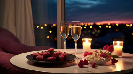 Two glasses of champagne and a plate of cookies on a window sill with a view of the cityの素材